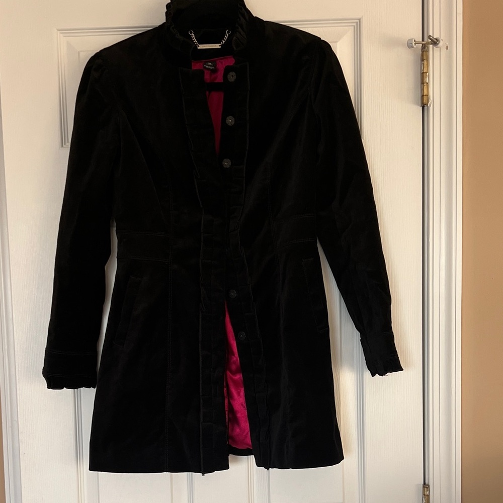 White House Black Market velvet Black Coat with Pink satin Lining